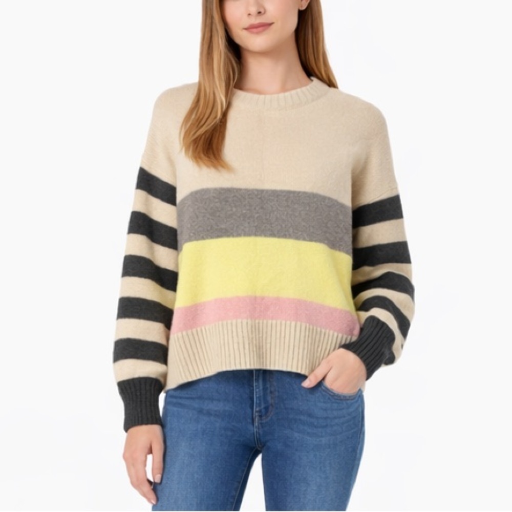THML Colorblock Striped Knit Sweater Cream Pink Neon Medium